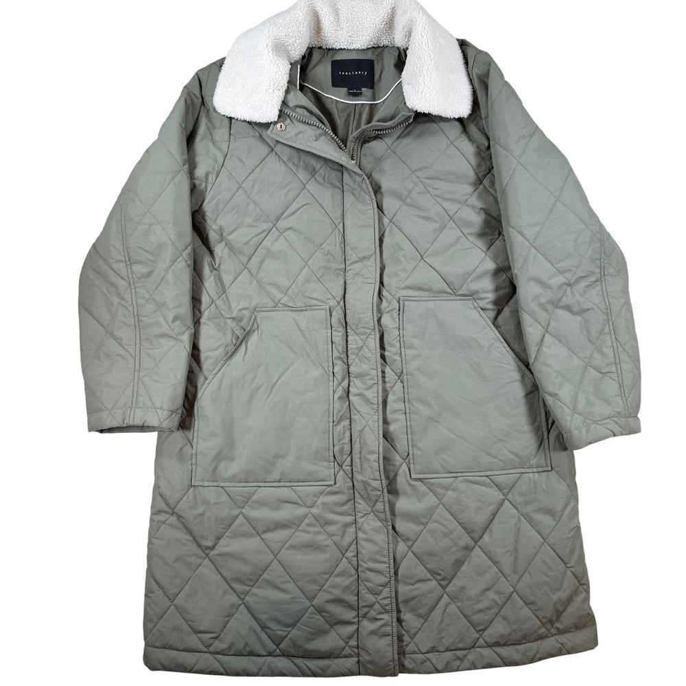 Sanctuary Women Sage Green Quilted Long Coat Faux Fur Collar SAQB24712-MA Large